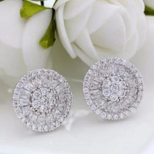 Baguette 18K White Gold Plated Round Cut Cubic Zircon Men Women Cluster Earrings